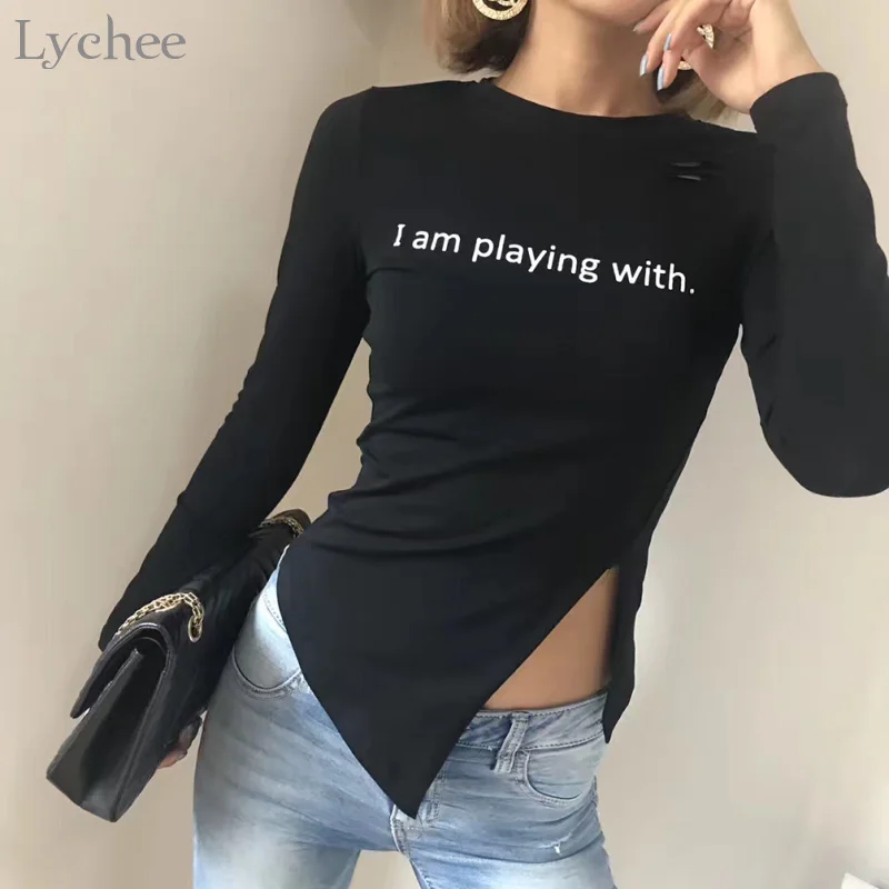 Lychee Sexy Women T Shirt Letter Print Hole Split Irregular Long Sleeve Slim T-shirt Spring Autumn Tee Top | Женская одежда