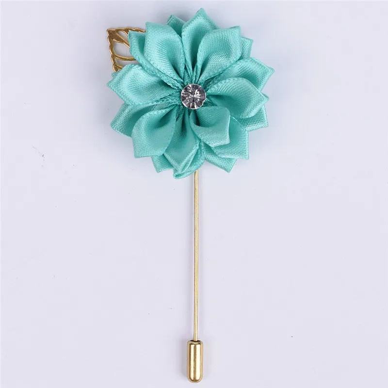 mint green Металлический золотой лист бутоньерка для жениха Шелковый атласный цветок розы Брошь для жениха для мужчин Свадебная вечеринка Выпускной мужской костюм корсаж булавка XH889Z - Цвет: mint green