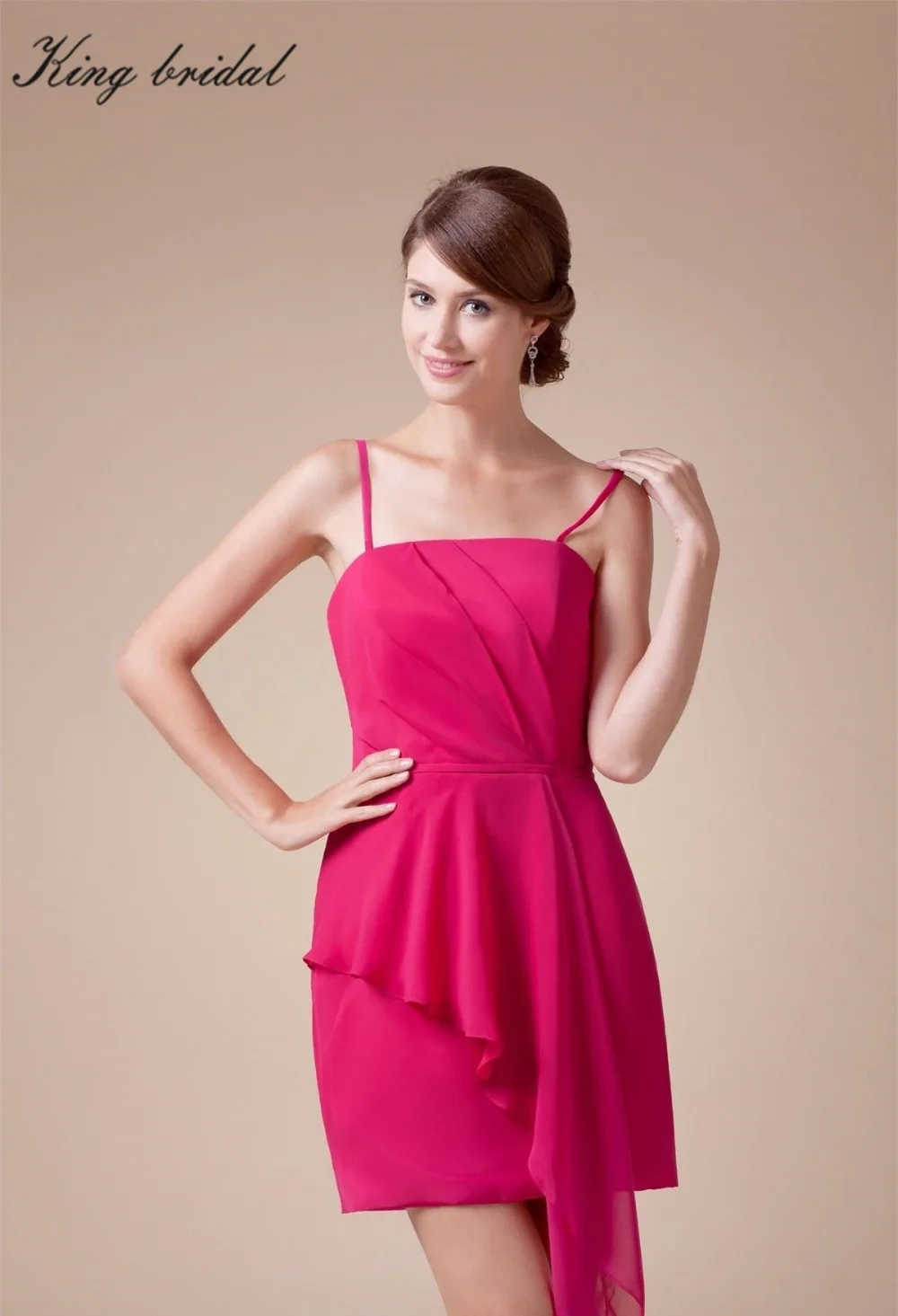 2017 Фуксия Шифон Бретельках Оборками Короткие Рукавов Платья Невесты Простой