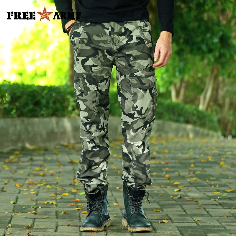 

FREE ARMY 2017 Gray Camo Cargo Pants Military Style Men Camouflage Pants Fashion Trousers Streetwear Men's Wild Casual Pants