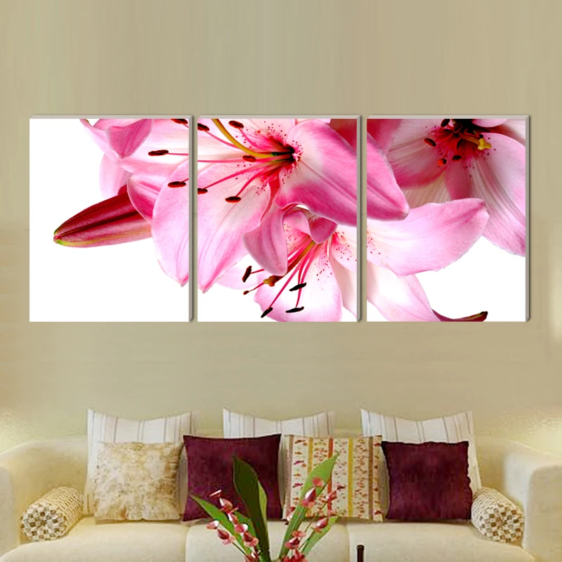 Beautiful pink Lily flower attractive canvas painting home deco art prints 3 psc realist wall pictures for restaurant cafe rooms | Дом и сад