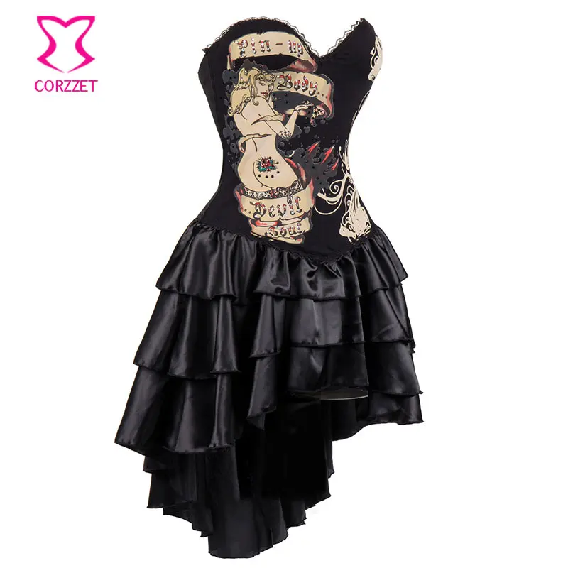 Black Vintage Print Cotton Strapless Bustier Dress Burlesque Outfits Victorian Steampunk Costume Gothic Corset Dresses For Women | Женская