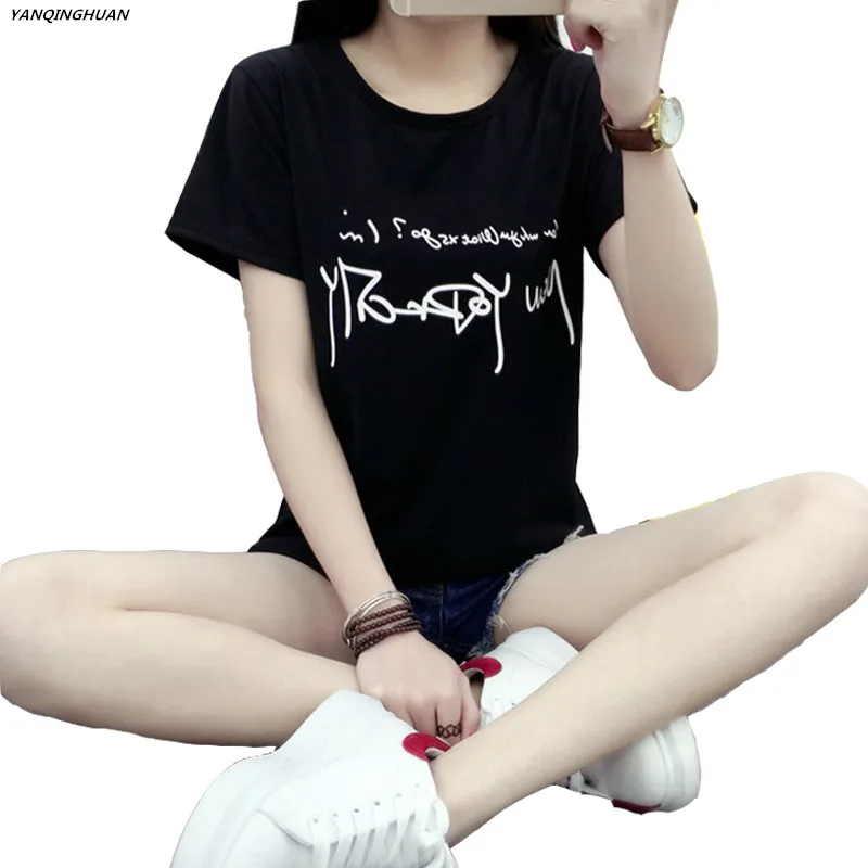 Ян Цин Хуан, новинка 2018, летняя модная молочная шелковая футболка с надписью на английском языке в стиле Харадзюку, повседневные свободные черные топы с коротким рукавом, футболка Ян Цин Хуан, новинка 2018, летняя модная молочная шелковая футболка с надписью на английском языке в стиле Харадзюку, повседневные свободные черные топы с коротким рукавом, футболка