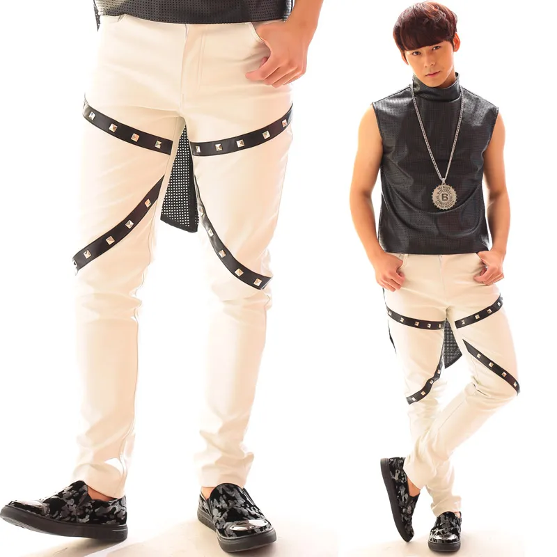 Мужские кожаные брюки одежда для выступлений мужские певец ди-джей Gd заклепки в