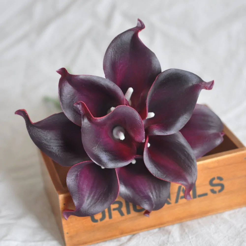 

9pcs Plum Real Touch Artificial Picasso Calla Lilies Flower Arrangement for Wedding Bouquet and Home Decor