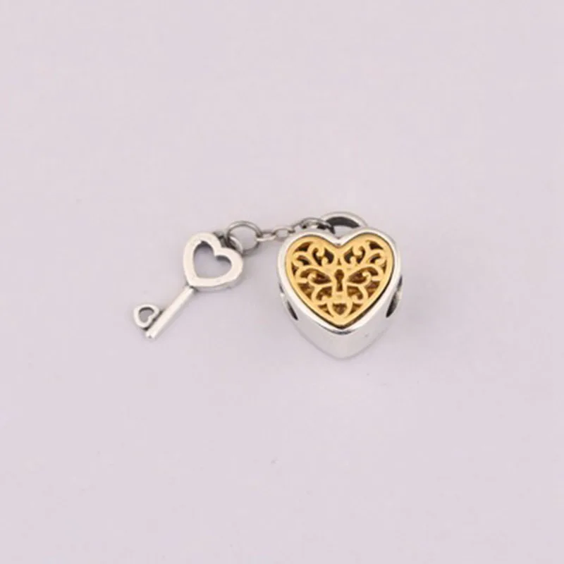 Openwork Gold color Love Heart Charm Bead 925 Sterling Silver Key love Locked Diy Beads Fit Bracelets Wholesale Jewelry | Украшения и