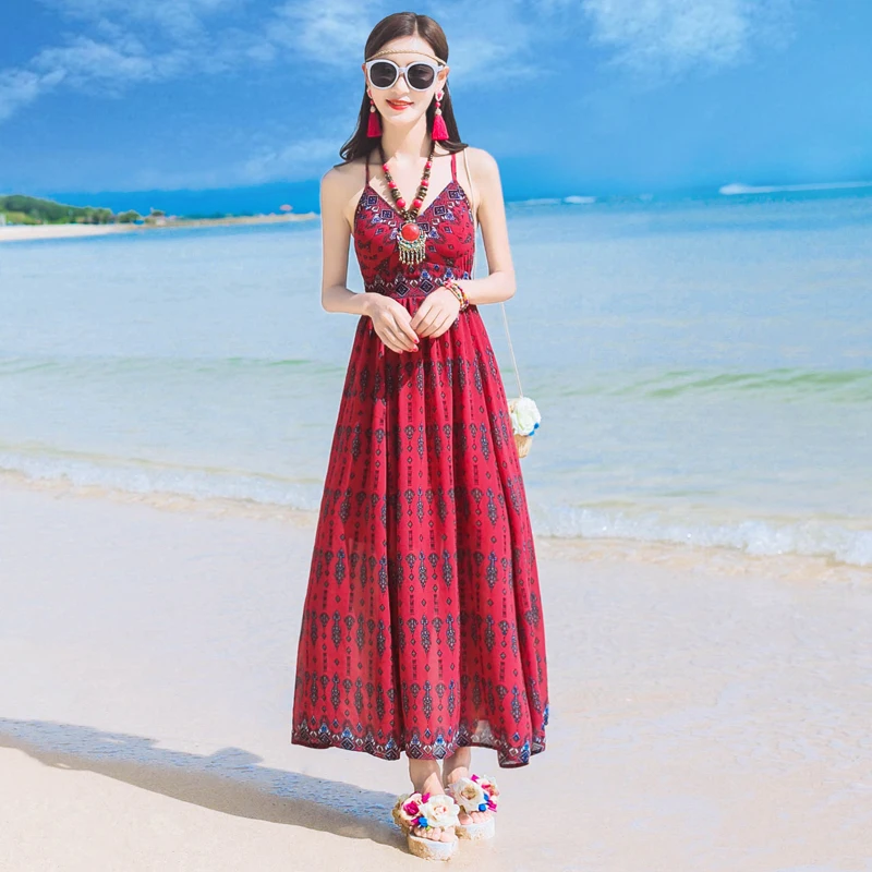 

Women Dress 2019 Summer Sexy Off Shoulder Sling Chiffon Dress Beach Resort Beach Dress Bohemian Backless Party Dresses