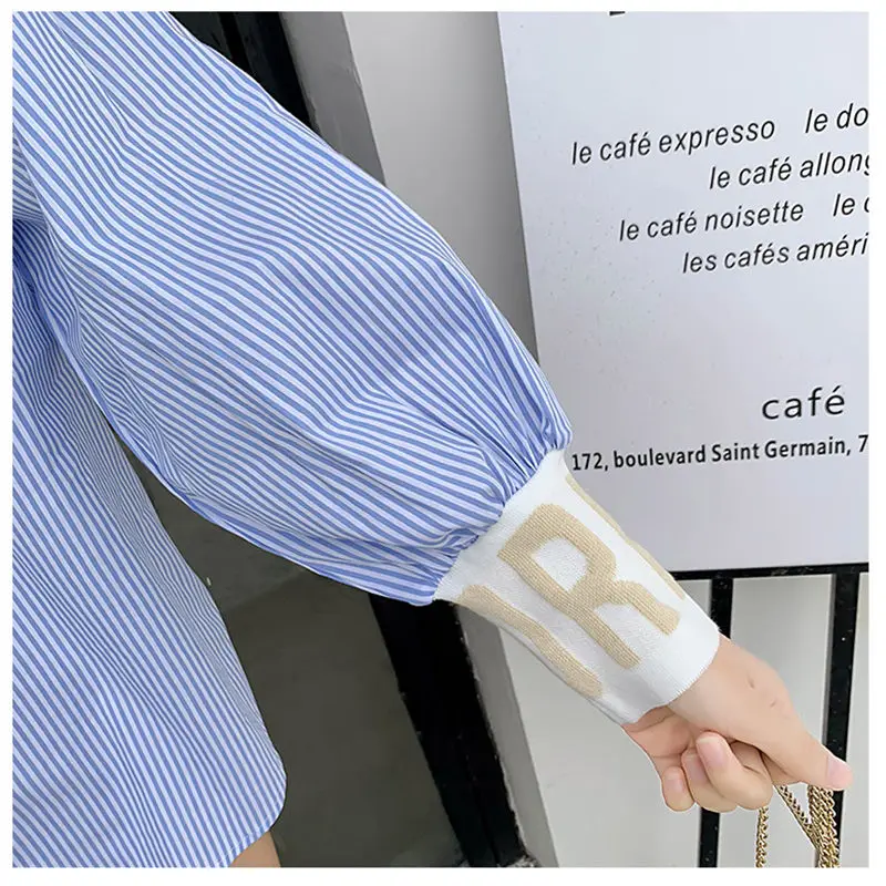 Женская Офисная трикотажная блузка с рукавами фонариками длинная рубашка