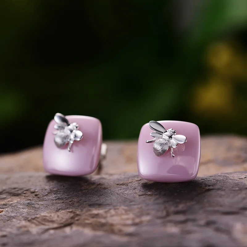 Lotus Fun, настоящее 925 пробы, серебряные серьги, ручной работы, дизайнерские, хорошее ювелирное изделие, 18 К, золото, пчела, поцелуй из розы, серьги-гвоздики для женщин - Цвет камня: Pink Nano Ceramics