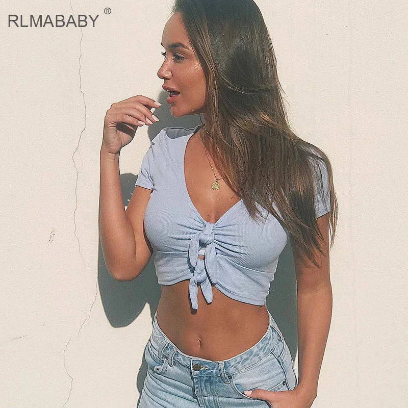 RLMABABY сексуальный повязку футболка с бантом Для женщин глубоким v образным