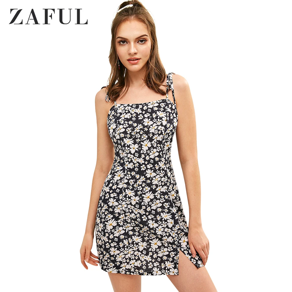 ZAFUL Женщины Fit Расклешенное платье с цветочным принтом Ремешок Галстуки Плечо
