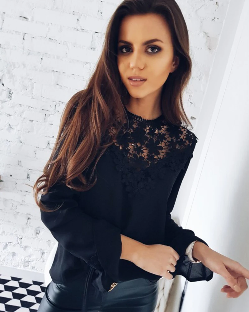 2019 новые женские Сладкий выдалбливают цветок блузка повседневное кружевное