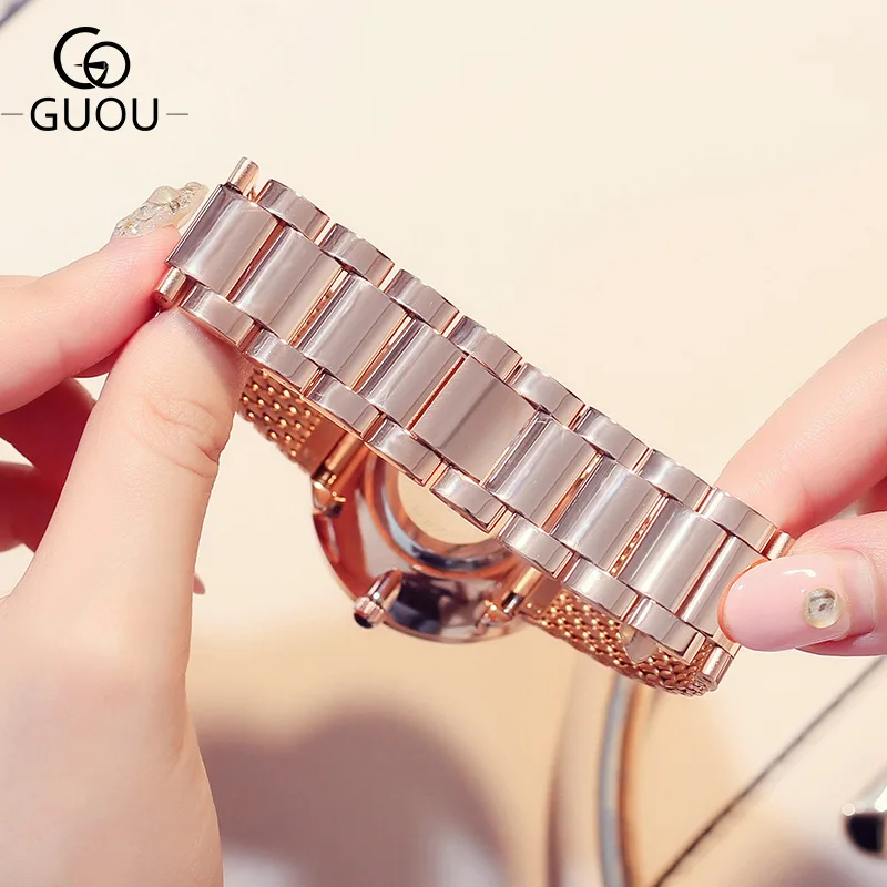 Luxury GUOU Pretty Bling Stars Full Stainless Steel Quartz Wristwatches Wrist Watch Bracelet for Women Ladies Girls Rose Gold | Наручные