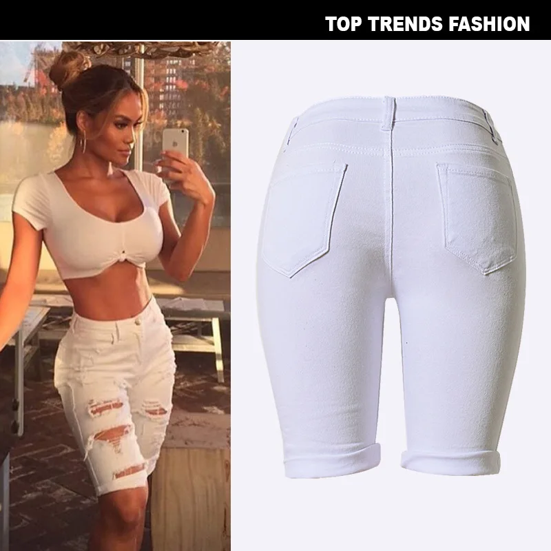 Модные рваные джинсы BF с дырками для женщин летние белые облегающие эластичные