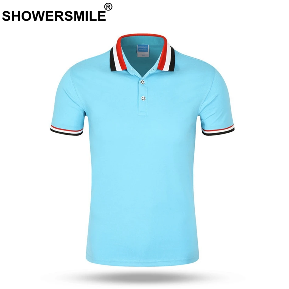 sky blue polo SHOWERSMILE Мужская рубашка поло, деловая Повседневная футболка поло, белые хлопковые летние обычные дешевые однотонные футболки, мужская одежда в британском стиле - Цвет: sky blue polo