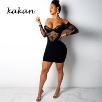 kakan summer new womens dress sexy lace off the shoulder bag hip dress perspective back black white dress