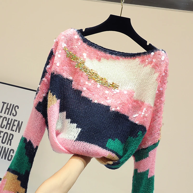 Для женщин Сладкий розовый пуловеры с пайетками свитеры для Femme Oversize