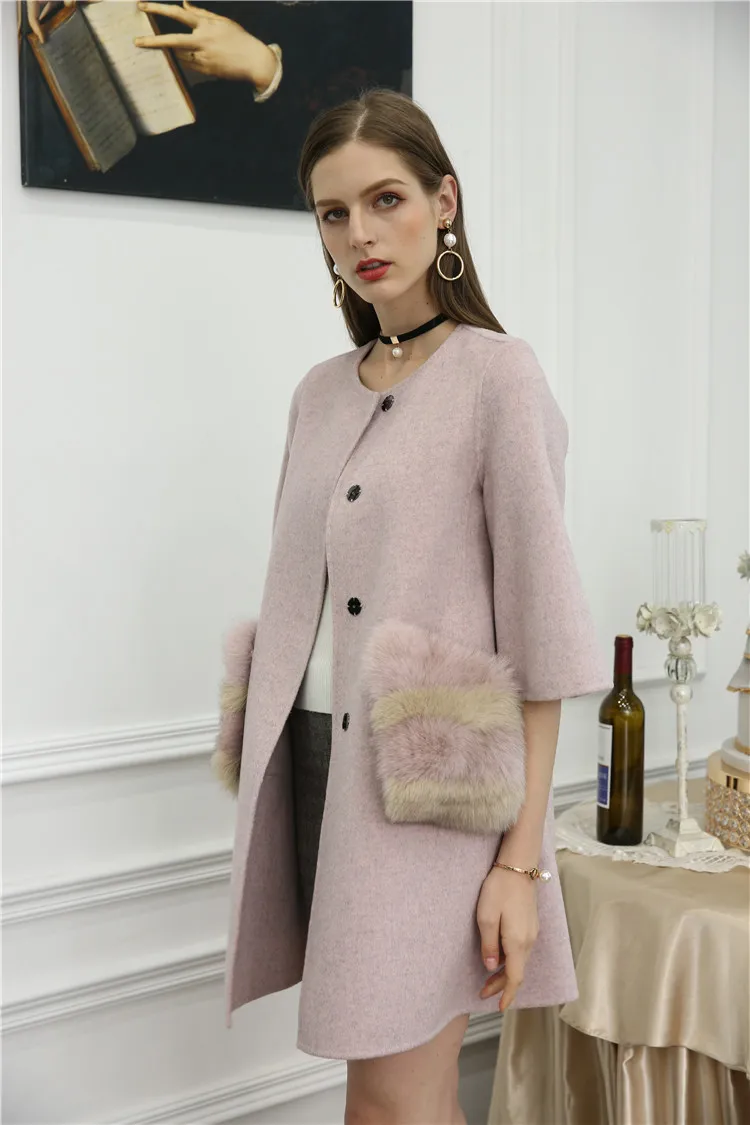 OFTBUY, шерстяная смесь,, зимняя куртка для женщин, натуральный мех, пальто для девушек, двусторонняя шерсть, кашемир, натуральный Лисий мех, с карманами, шерстяное пальто
