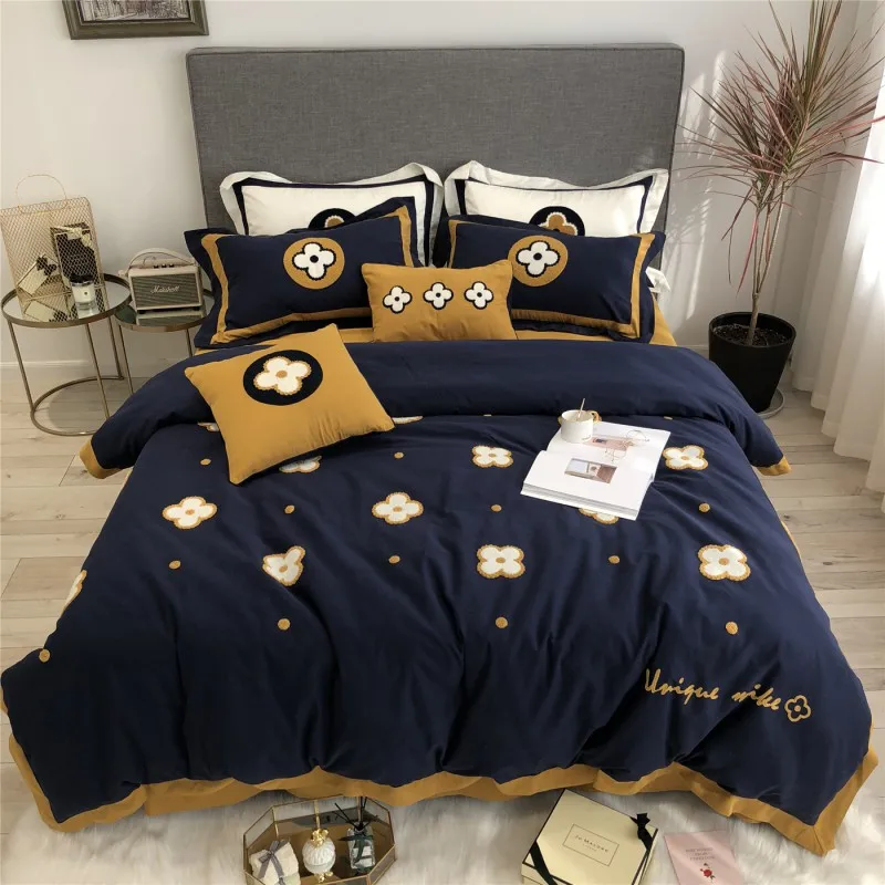 Синий желтый белый Четырехлистный Клевер вышивка Египетский хлопок