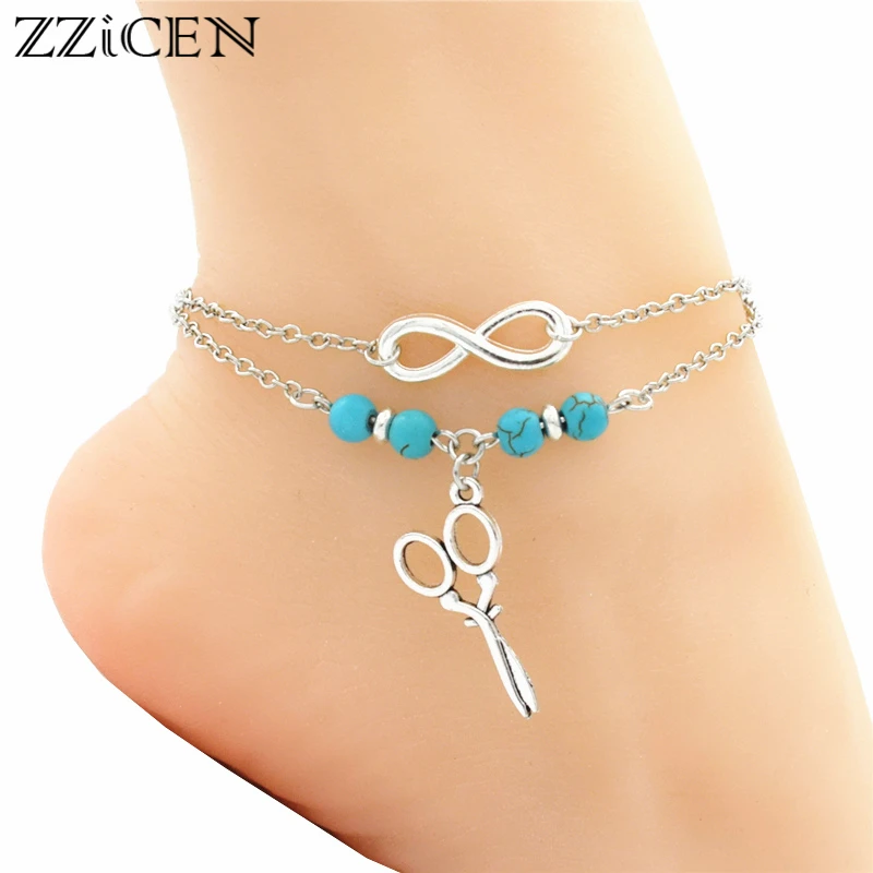 

Fashion Infinity Barber Hairstylist Scissor Charm Natural Beads Beach Ankle Women Anklet Bracelet Foot Chain Jewelry