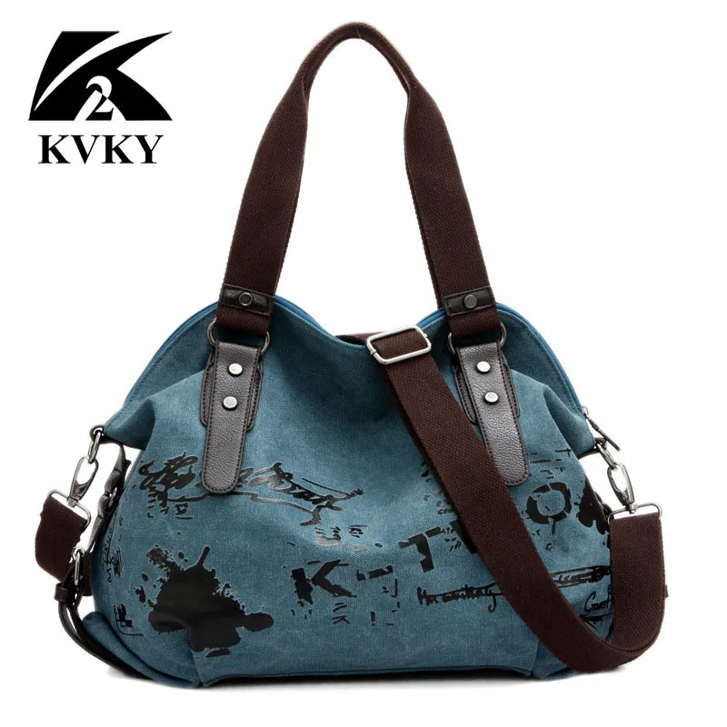 KVKY винтажная Холщовая Сумка Женская дорожная сумка большой емкости Повседневная