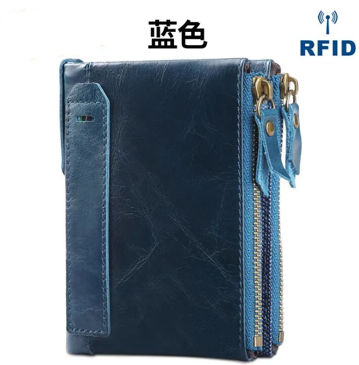 blue Распродажа, маленький женский кошелек RFID, короткий кошелек, натуральная кожа, застежка-молния, короткий клатч, кошелек, однотонный, винтажный, женский кошелек - Цвет: blue