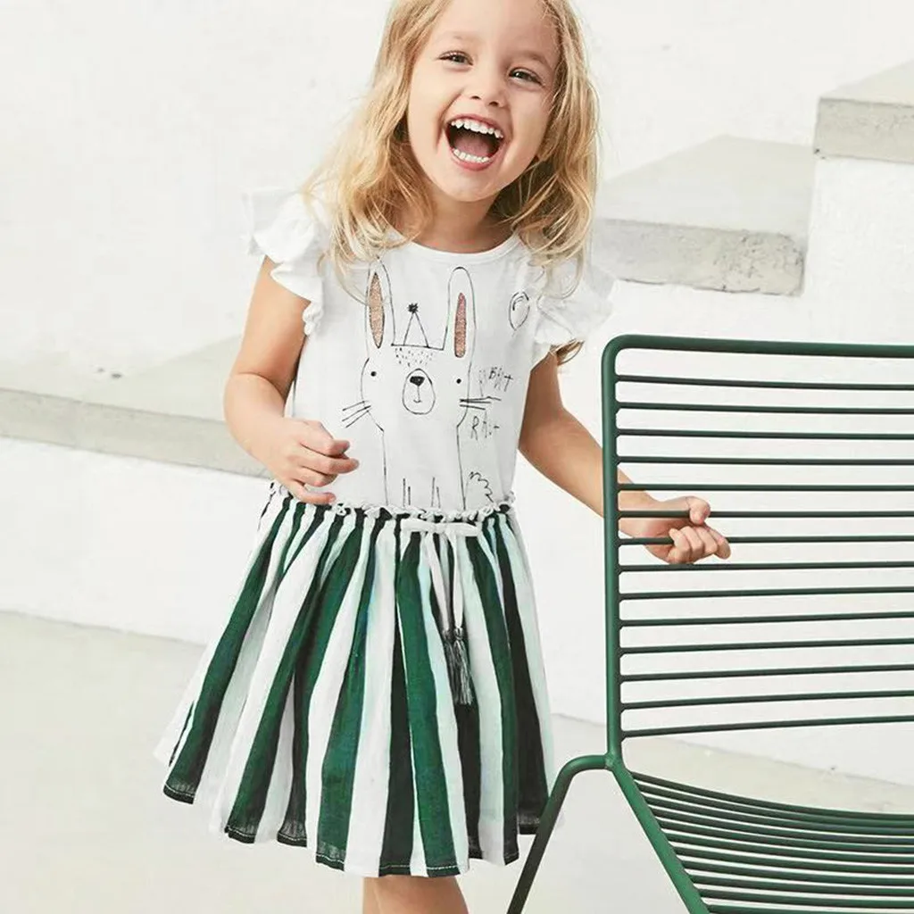 Toddler Kid Baby Girl Striped Rabbit Bunny Letter Printed Casual Dress Clothes Tassel Sashes Patchwork Green Red | Детская одежда и