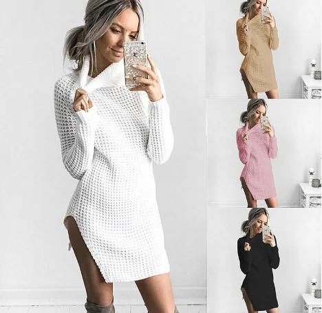 Простой Повседневное Водолазка с длинным вязаный свитер платье 2017 хлопок Тонкий