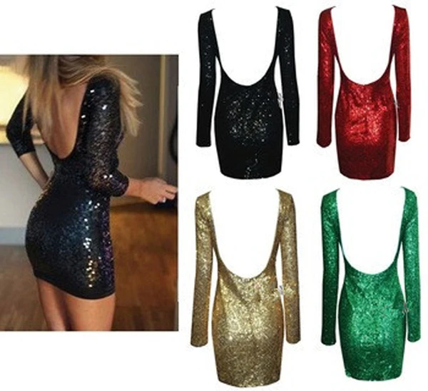 Новинка 2016 сексуальное платье с открытой спиной и длинным рукавом блестками
