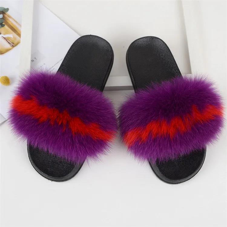 Women Fox Fur Slippers Real Fox Fur Slides Lovely Plush Slippers Woman Summer Home Sandals Women Fur Slides Furry Flip Flops Hot