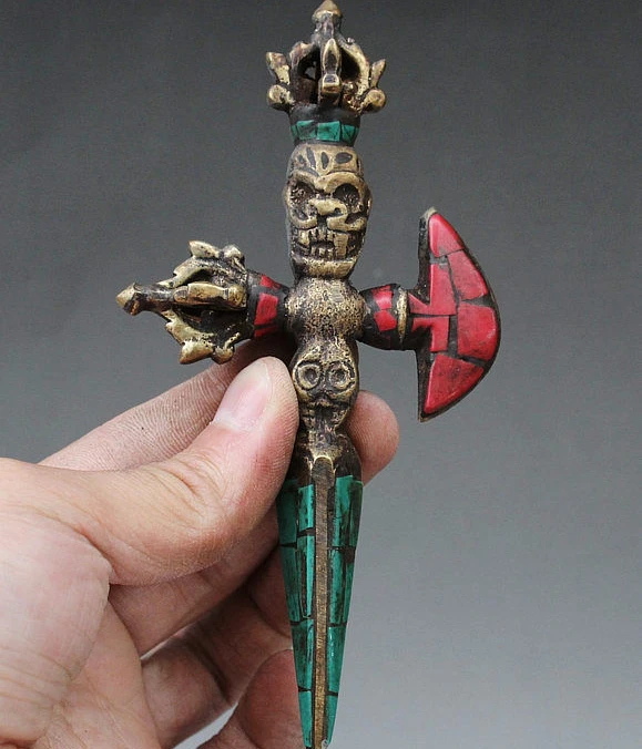 SCY Buddhism Bronze Inlay Turquoise Dorje Buddha Statue Phurba Dagger Holderal | Дом и сад