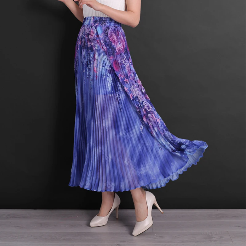 

FLOWER SKY New Fashion Summer Women Skirt Print Long Pleated Skirts Womens Saias Long Faldas Vintage Women Elegant Pleated Skirt