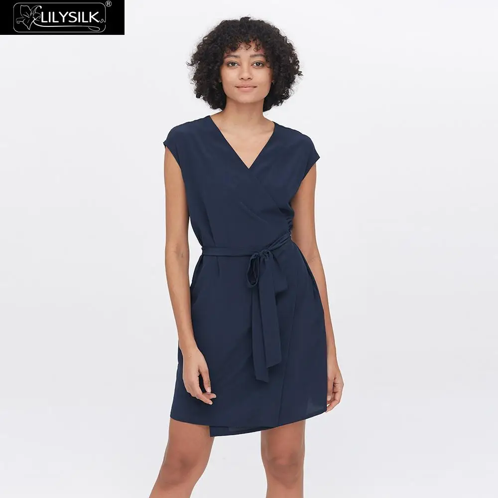 Navy Blue LilySilk/Элегантное Шелковое Платье с v-образным вырезом; Новинка; - Цвет: Navy Blue