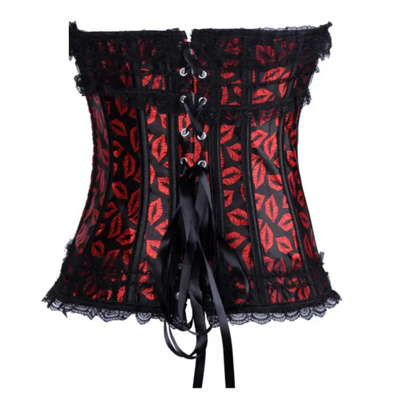 Черный атлас/рисунок красные губы пуш ап Overbust сексуальный Корсе Бюстье для