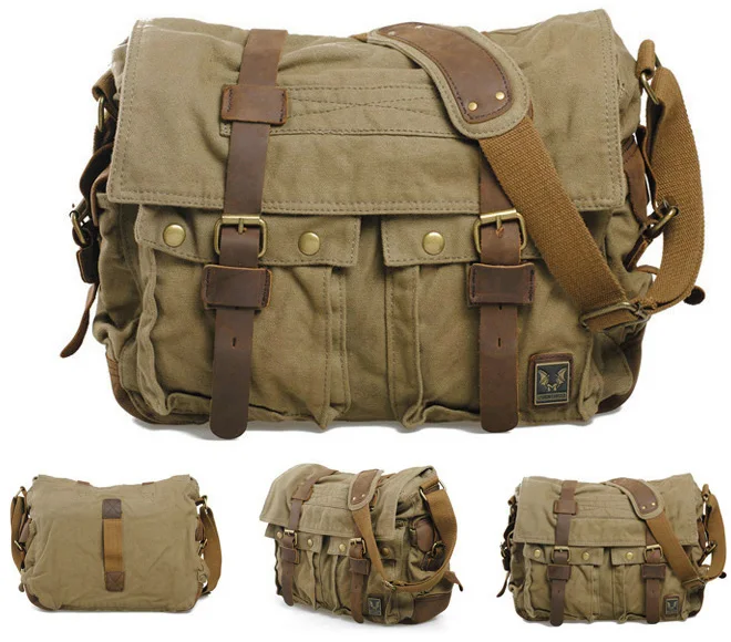 Для мужчин женщин ретро Винтаж Холст Кожа Школа Портфели военный Путешествия