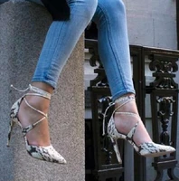 designer gery snakeskin lace up high heel women pumps pointed toe crisscross stiletto heels wedding party dress shoes woman