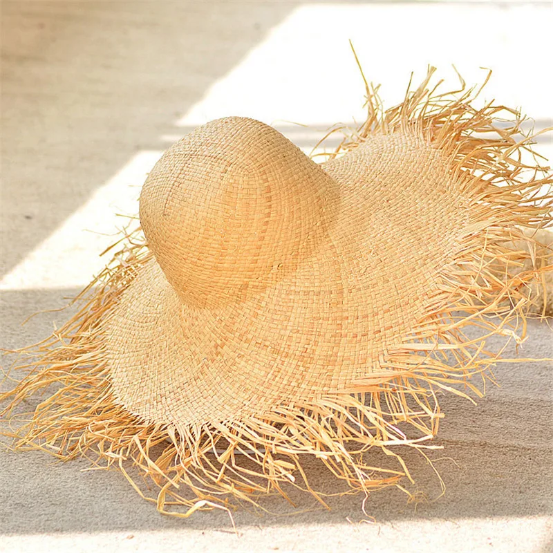 Летняя женская соломенная шляпа с широкими полями Raffia пляжная кисточками и