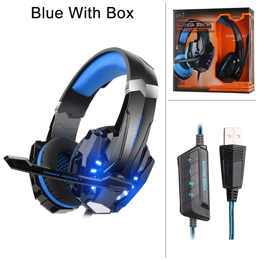 Blue With Box KOTION EACH G9000 USB 7,1 версия объемного звука Игровые наушники Компьютерная гарнитура светящиеся наушники PC повязка на голову с микрофоном - Цвет: Blue With Box