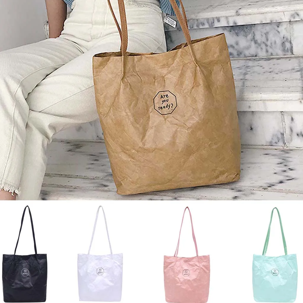 

Summer Fashion Women's Retro Kraft Paper Splash-Proof Shoulder Bag Solid Color Letter Handbags Shopping Tote Women's Travel