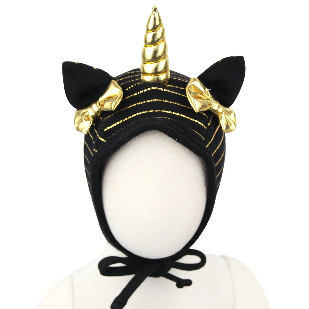 black Тип детского головного Unicorn шапки с бантом chapeau шапка для новорожденных Для девочек кепки шапки бини шапки зимняя вязаная шапка - Цвет: black