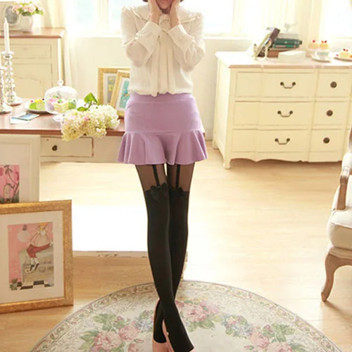 Женские винтажные колготки с бантом имитацией татуировки на подтяжках