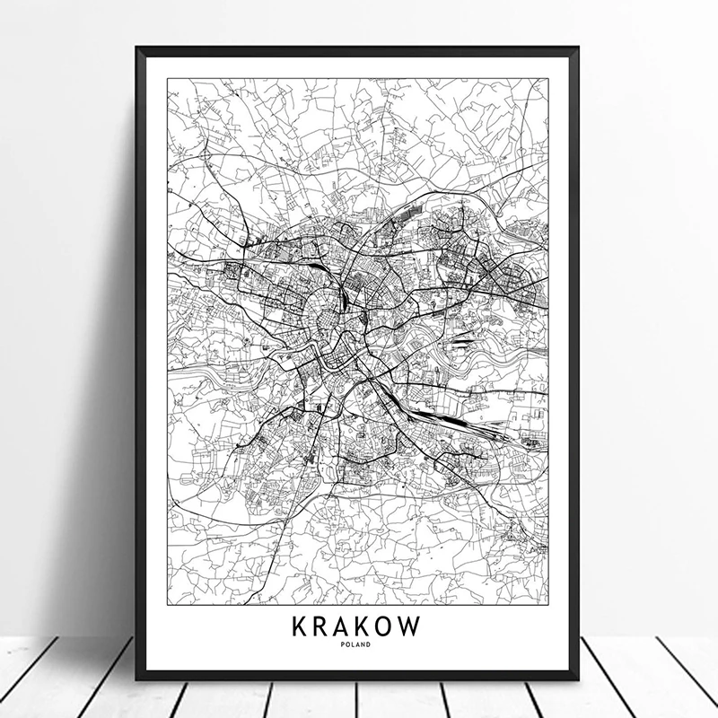 

Krakow Black White Custom World City Map Posters Prints Nordic Style Wall Art Pictures Home Decor Canvas Painting