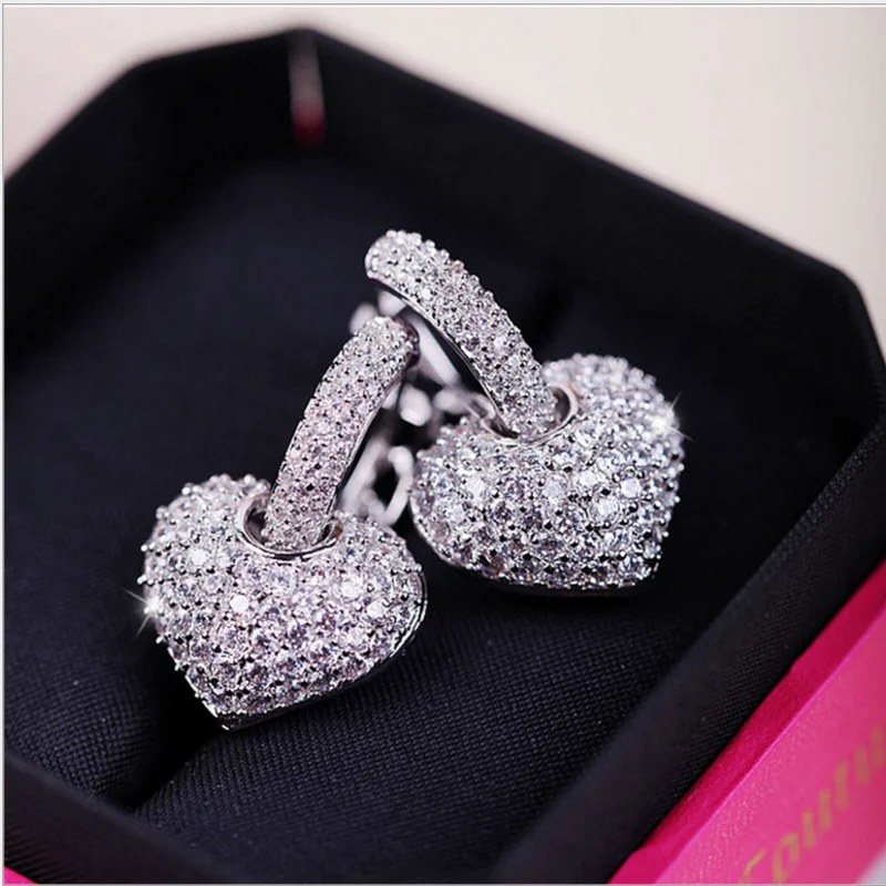 SWOUR New Jewelry S925 Sterling Silver Cubic Zircon CZ Wedding Gift Crystal Heart Shape Hoop Earrings For Woman S007 | Украшения и