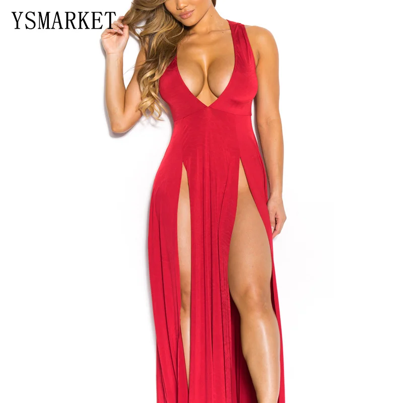 Летнее сексуальное вечернее платье макси женское прямое однотонное красное
