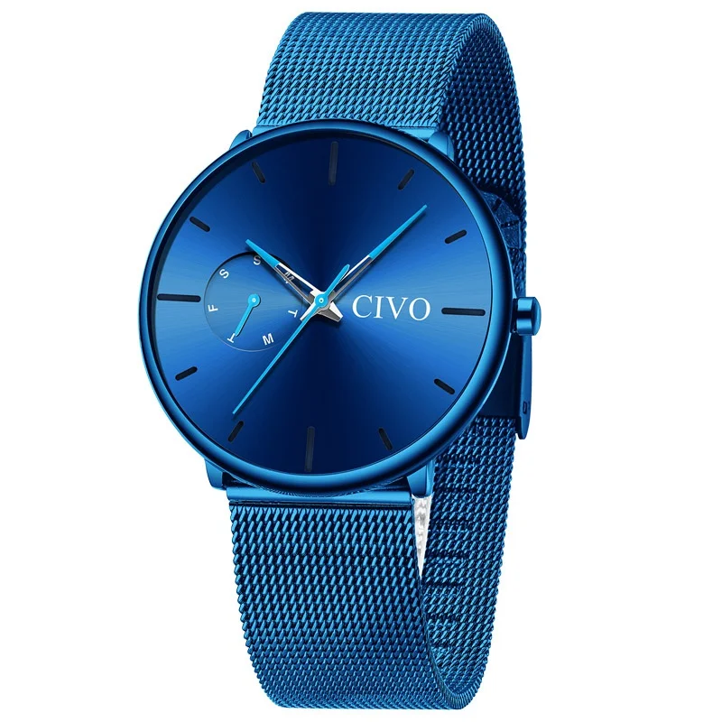 mesh blue CIVO модные мужские часы кварцевые часы мужские водонепроницаемые минималистичные ультра тонкие наручные часы из нержавеющей стали с сеткой для мужчин подарок часы - Цвет: mesh blue