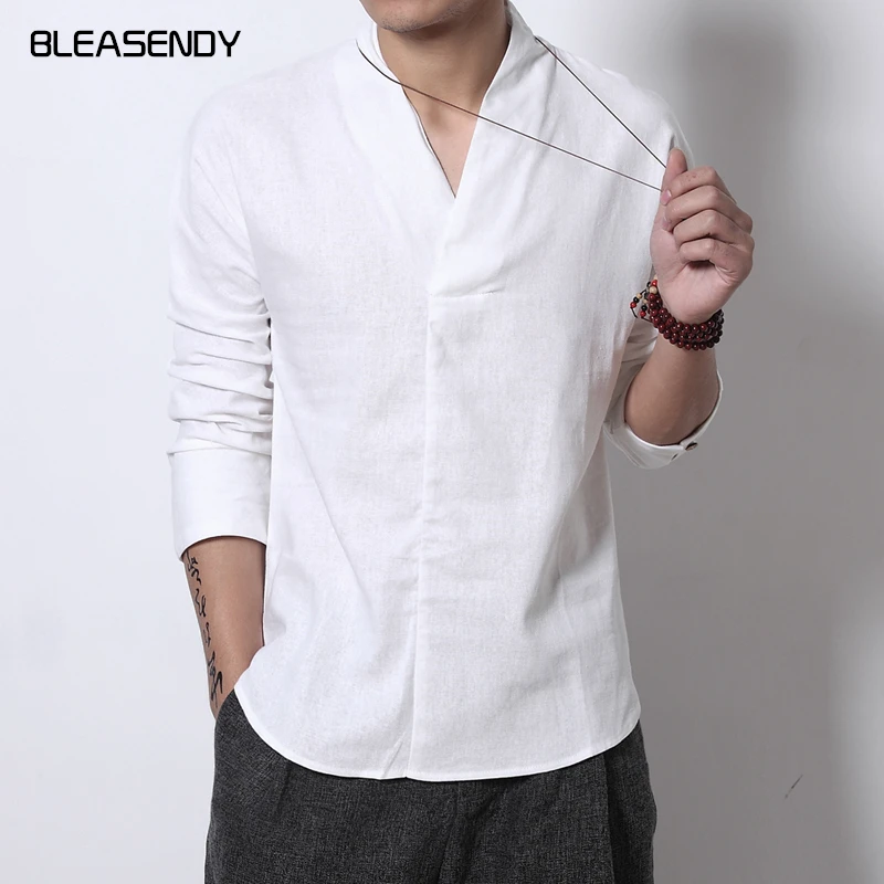 

Cotton and linen Men's T-shirt Autumn Fashion V-Neck Retro Chinese Style Long Sleeve Shirt Youth T-shirt loose plus size 4XL 5XL