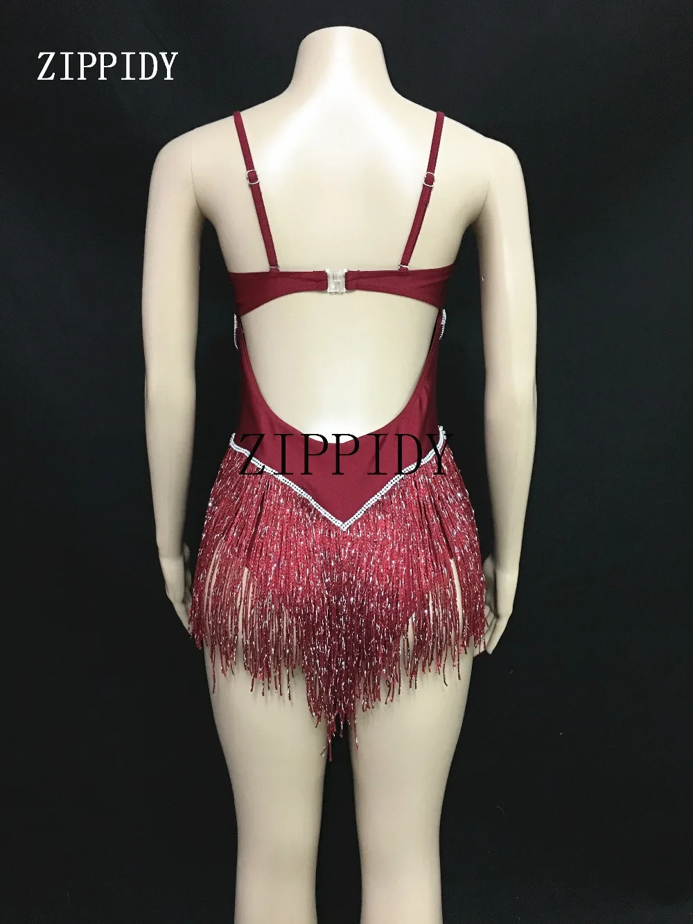 Sparkly Silver Rhinestones Red Tassel Bodysuit Women's Birthday Celebrate Dance Outfit Evening Party Female Singer Show Clothes