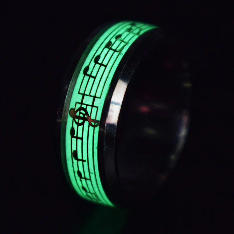 Stainless Steel Music Stave Luminous Rings Men Jewelry Fluorescent Glowing Inlay Jesus Letter Rings For Women Jewelry