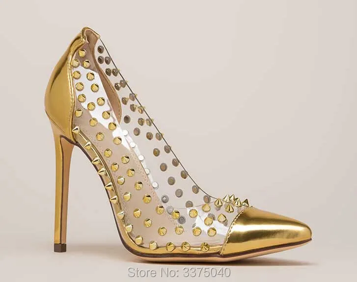 

Gold Women Pumps Transparent Clear PVC Rivets High heel Stiletto Fashion Shoes Woman Patchwork Sexy Pumps