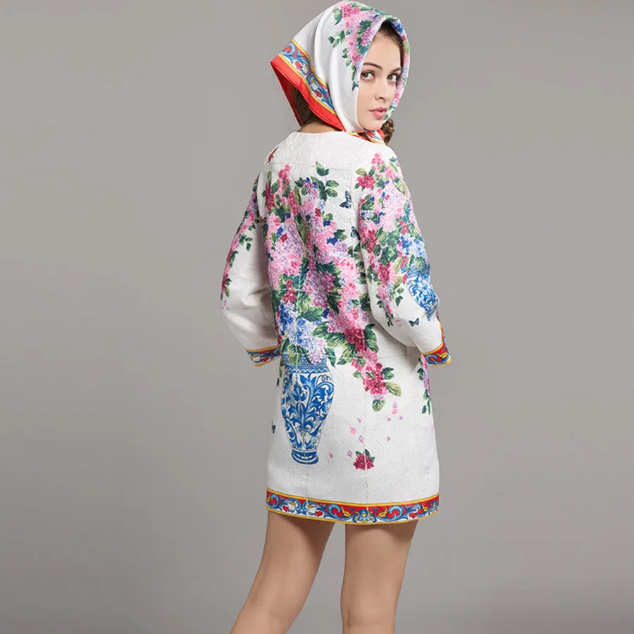 Jacquard White Luxury Coats European Women 3/4 Flare Sleeve Print High Quality Scarf 2017 Autumn Winter Classic Warm Coat | Женская